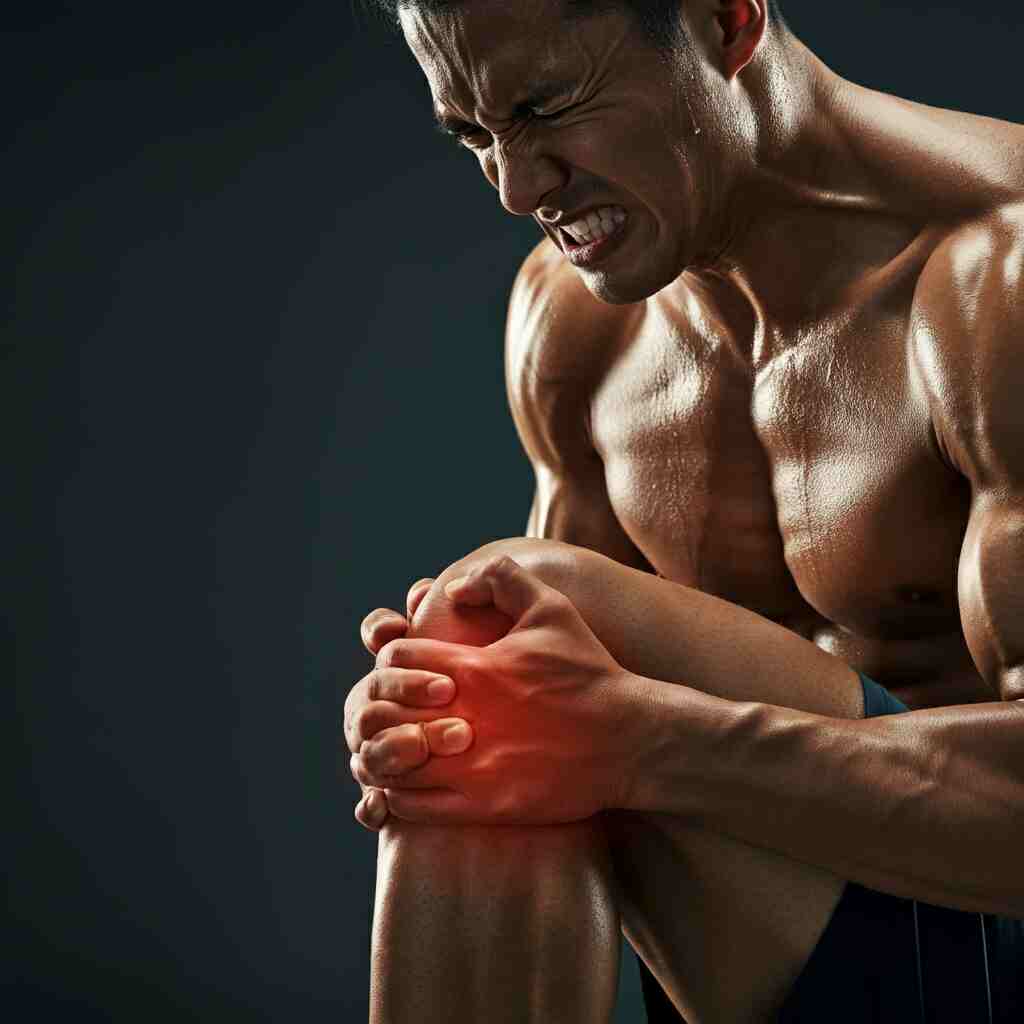 A man experiencing a knee muscle cramps