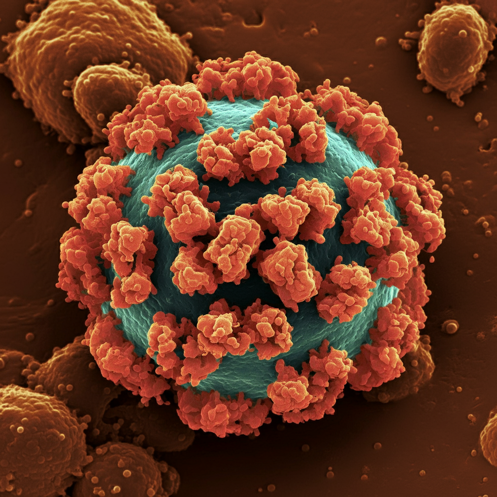 Microscopic view of the Mpox virus showing its detailed structure with spherical and spiked features under high magnification.