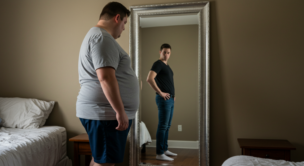 A mirror view of a obese man seeing his fitted self