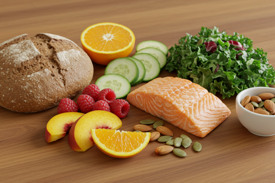 A food prep of Salmon, greens, bread and fruits.