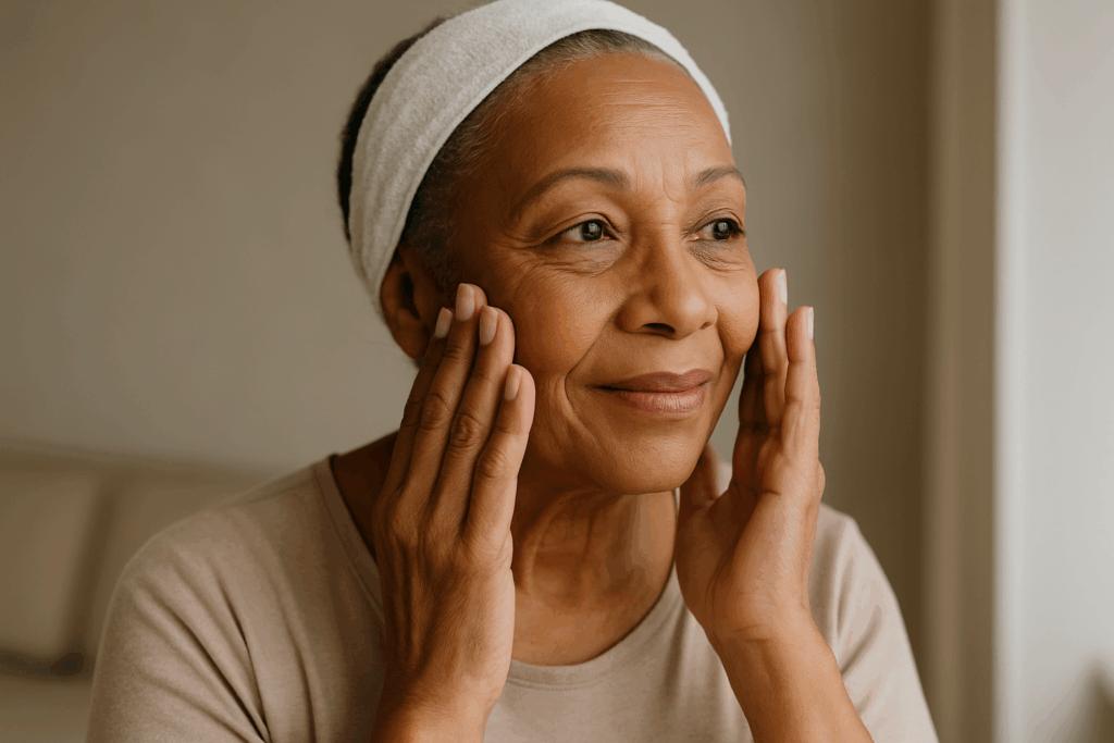 An older African woman gently touching her face, showing healthy skin with fine lines