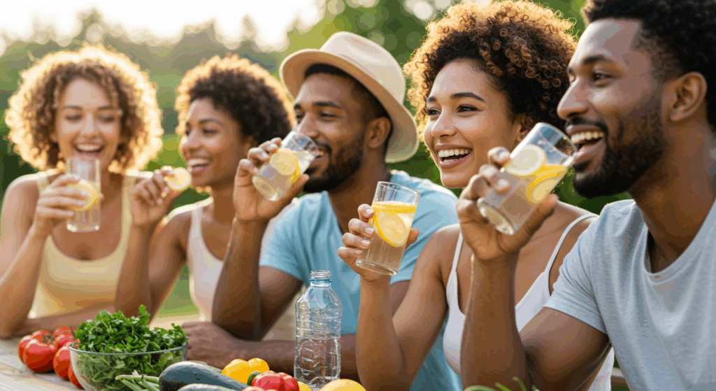 A diverse group of joyful adults enjoying healthy habits like drinking lemon water and eating colorful vegetables outdoors, radiating youthful energy and showing how to look younger naturally through lifestyle choices.